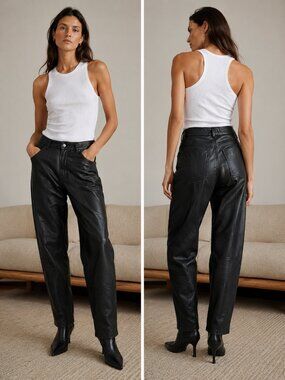 Vintage 1980s Genuine Leather Barrel Leg Pants High Rise 5 Pocket 29